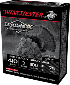 Winchester Double X Diamond Grade 410 3" 3/4 oz 7.5 shot High Velocity Turkey Load 1100 FPS 10/box Winchester Double X Diamond Grade 410 3" 3/4 oz 7.5 shot High Velocity Turkey Load 1100 FPS 10/box