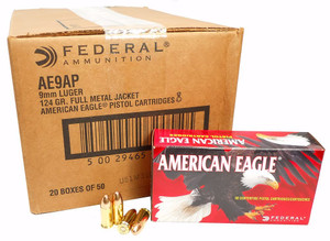 Federal American Eagle Ammo 9mm Luger 124gr FMJ 1150 FPS 50/box [20 Boxes] 1000 Round Case Free Shipping