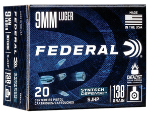Federal Syntech Defense Ammo 9mm 138gr Segmented Jacketed Hollow Point 1050 FPS 20/box Federal Syntech Defense Ammo 9mm 138gr Segmented Jacketed Hollow Point 1050 FPS 20/box