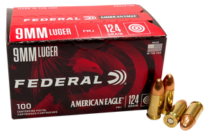 Federal American Eagle Ammo 9mm Luger 124gr FMJ 1150 FPS 100/box Federal American Eagle Ammo 9mm Luger 124gr FMJ 1150 FPS 100/box