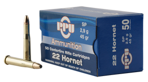 PPU Rifle Ammo 22 Hornet 45gr SP Soft Point 2430 FPS 50/Box PPU Rifle Ammo 22 Hornet 45gr SP Soft Point 2430 FPS 50/Box