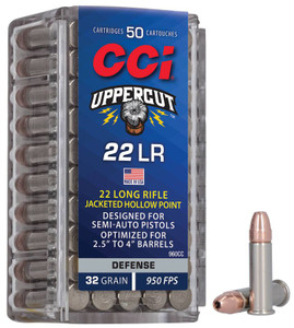 CCI Uppercut Ammo 22 LR 32gr JHP Optimized for Semi-Auto Short Barrels 2.5" - 4" 950 FPS 50/Box CCI Uppercut Ammo 22 LR 32gr JHP Optimized for Semi-Auto Short Barrels 2.5" - 4" 950 FPS 50/Box