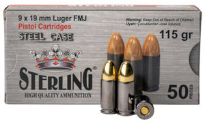 Sterling Steel Cased Ammo 9mm 115gr FMJ 1148 FPS 50/Box [20 Boxes] 1000 Rounds Free Shipping