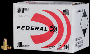 Federal Champion Ammo 9mm 115gr FMJ 1125 FPS Bulk Pack 500/Box [3 Boxes] 1500 Rounds Free Shipping