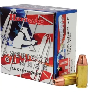 Hornady American Gunner Ammo 9mm +P 124gr XTP JHP 1175 FPS 25/Box