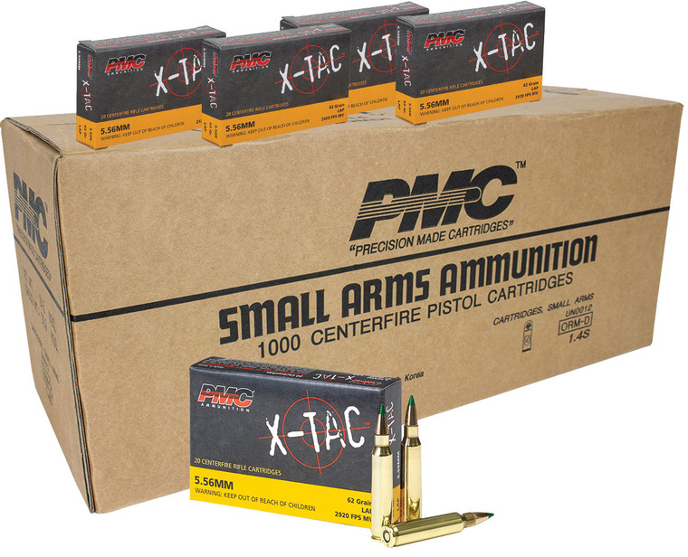 PMC X-TAC 5.56 Nato 62gr FMJ Green Tip M855 3100 FPS 1000 Round Case Free Shipping