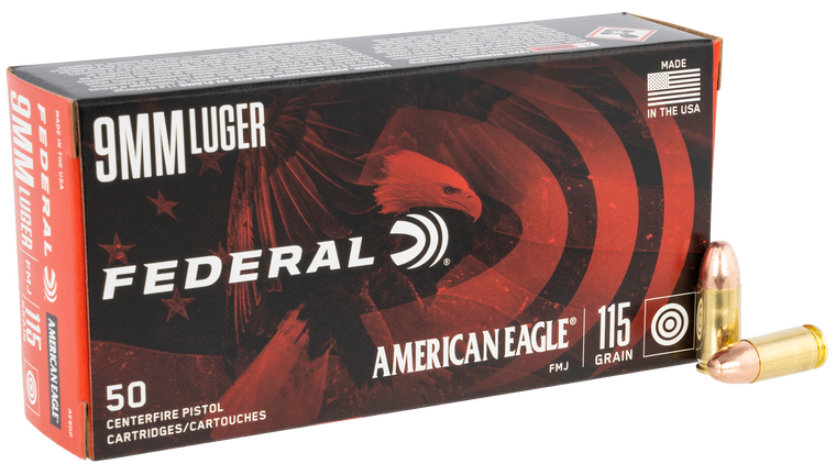 Federal American Eagle Ammo 9mm 115gr FMJ 1180 FPS 50/Box Federal American Eagle Ammo 9mm 115gr FMJ 1180 FPS 50/Box