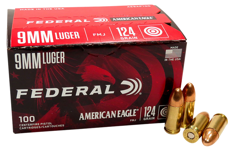Federal American Eagle Ammo 9mm Luger 124gr FMJ 1150 FPS 100/box