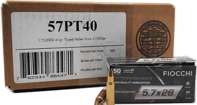 Fiocchi Hyperformance Ammo 5.7x28mm 40gr Tipped Hollow Point 1750 FPS 50/box [20 Boxes] 1000 Rounds Free Shipping