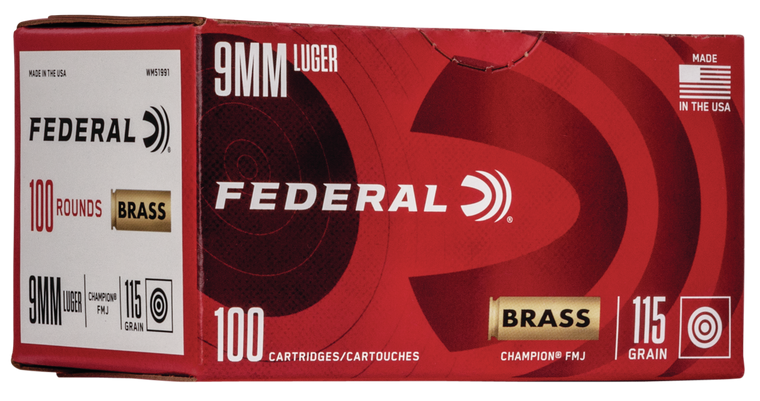Federal Champion Ammo 9mm 115gr FMJ 1125 FPS 100/box