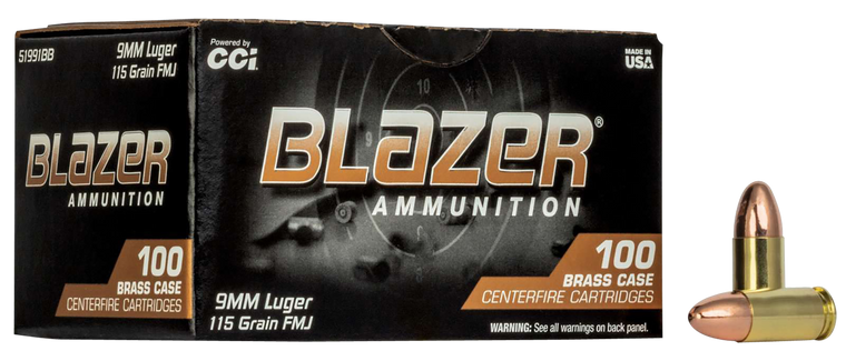 CCI Blazer Brass Ammo 9mm 115gr FMJ 1145 FPS Bulk Pack 100/Box
