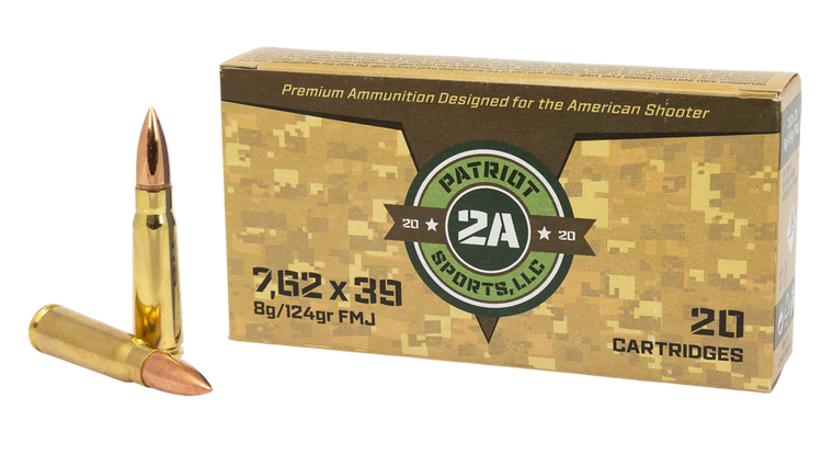 Patriot Sports Brass Cased Ammo 7.62x39 124gr FMJ 2526 FPS 20/Box [40 Boxes] 800 Rounds Free Shipping