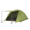 SJK Daybreak 3 person tent with fly on. Front of fly is shown open, held up by trekking poles. Tent fly is light green. Trekking poles not included.