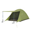 SJK Daybreak 2 person tent with fly on. Front of fly is shown open, held up by trekking poles. Tent fly is light green. Trekking poles not included.
