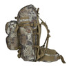 SJK Bounty 2.0 backpack with Kryptek Highlander camo pattern. Right side view showing side pockets, padded shoulder straps and padded waist belt to help distribute the packs weight/load.