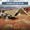 Photo with diagram showing the tarp dimensions. The open end is 192 inches wide in total,  where it connects with your vehicle it is 103 inches wide and its length is 160 inches.