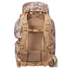 SJK Deadfall 65 Liter backpack in Kryptek Highlander camouflage.  Back view showing tan back panel featuring breathable padding, padded shoulder straps and padded waist belt.