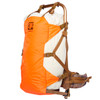 SJK Rail Hauler 2.0 Pack in Kryptek Highlander camo. Image shows pack from the front with the compression panel reversed so the hunter orange is exposed. There is a cloth prop inside of it, indicating it can carry a mass between the frame and compression panel.