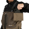 Close up of man wearing SJK Deadfall-Z Zippered Stft Wader, showing flip-out device storage pocket