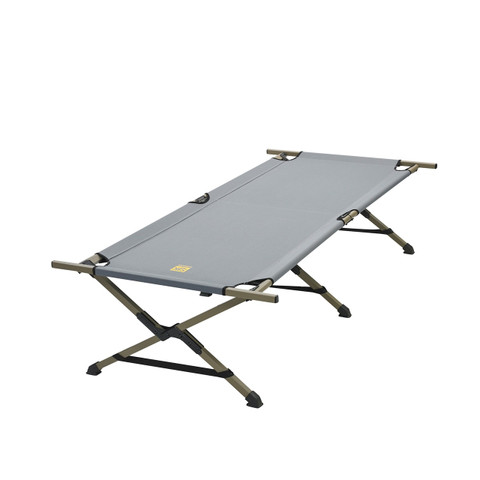 SJK emergency cot in grey. Cot is unfolded and shown standing on its 6 legs.