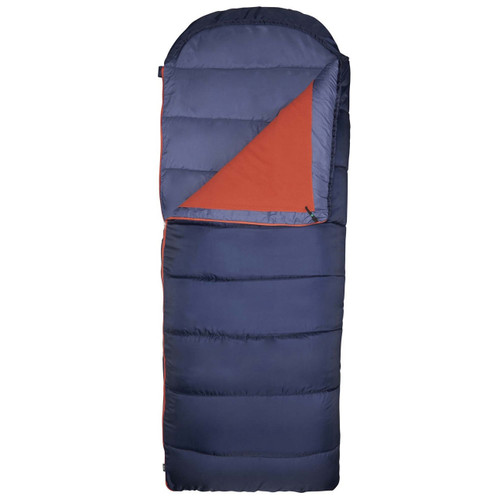 Slumberjack Shadow Mountain 20F - 30F Hooded Sleeping Bag, blue, front view, partially unzipped