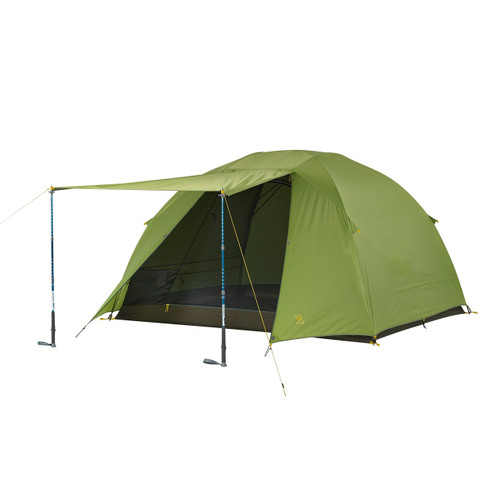 SJK Daybreak 4 person tent with fly on. Front of fly is shown open, held up by trekking poles. Tent fly is light green. Trekking poles not included.