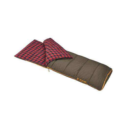 SJK Big Timber Pro 20 degree sleeping bag, olive green color. Shown unzipped and open a quarter of the way to reveal a red and black plaid interior.