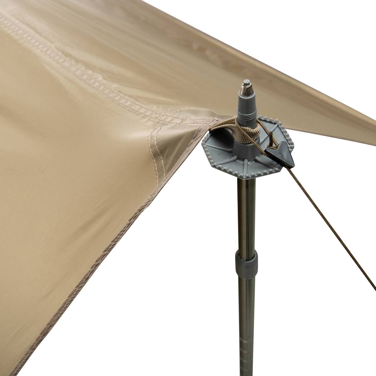 Close up of SJK Satellite Tarp, showing tarp supported by a trekking pole and guyline