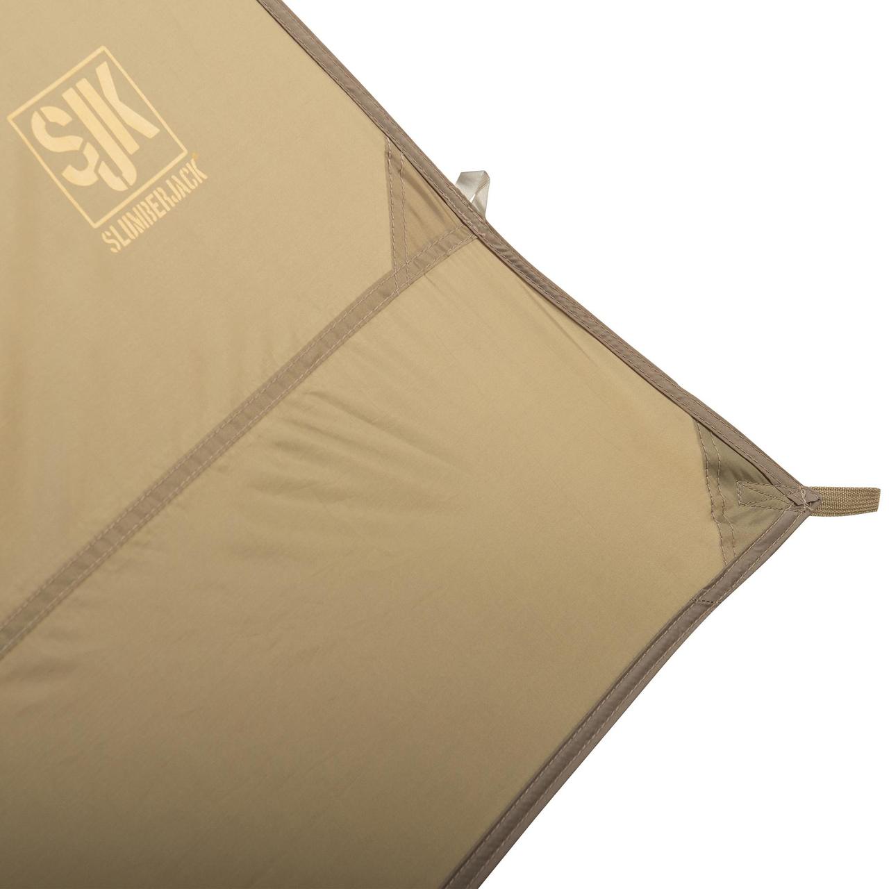 Close up of SJK Satellite Tarp, showing nylon loops on edge and corner of tarp