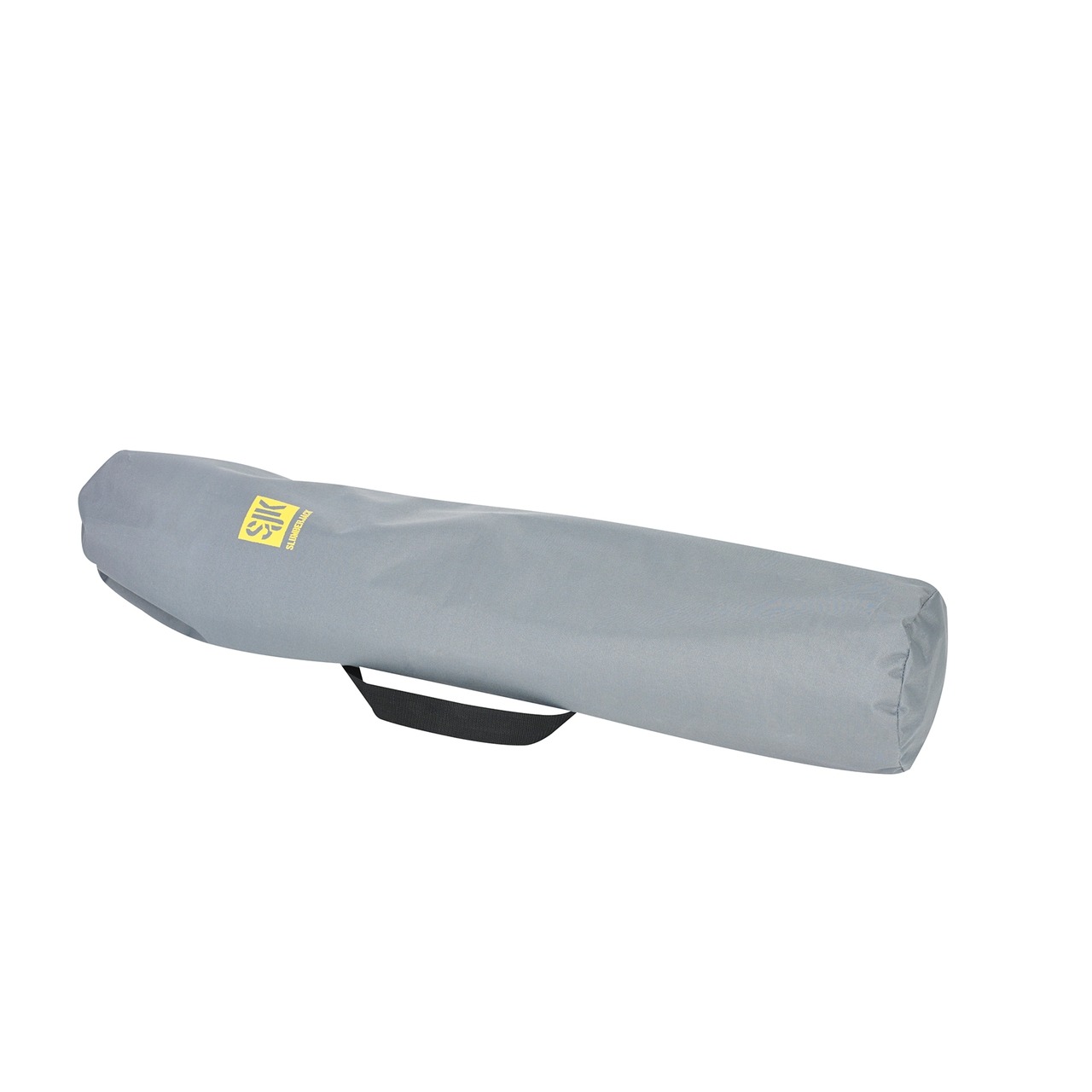Emergency cot, shown folded up inside its grey cylindrical carry case.
