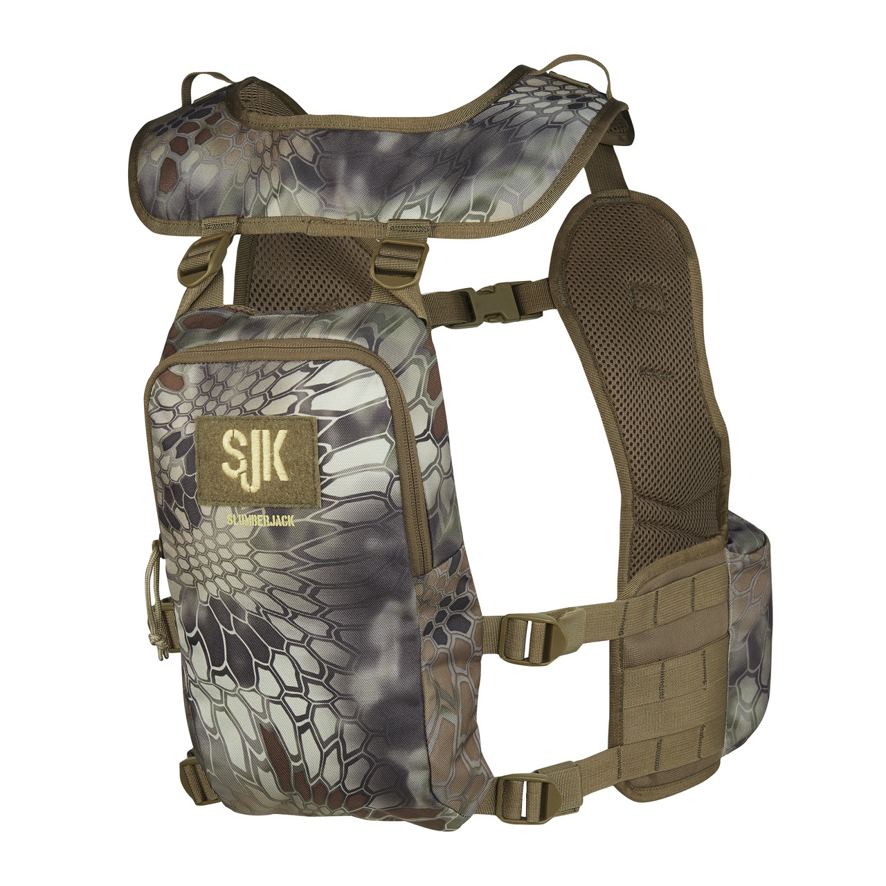 SJK Pursuit Hunting Vest in Kryptek Highlander camouflage. Image of the vest is from the back, displaying one large compartment that is capable of holding up to a 70 ounce reservoir.