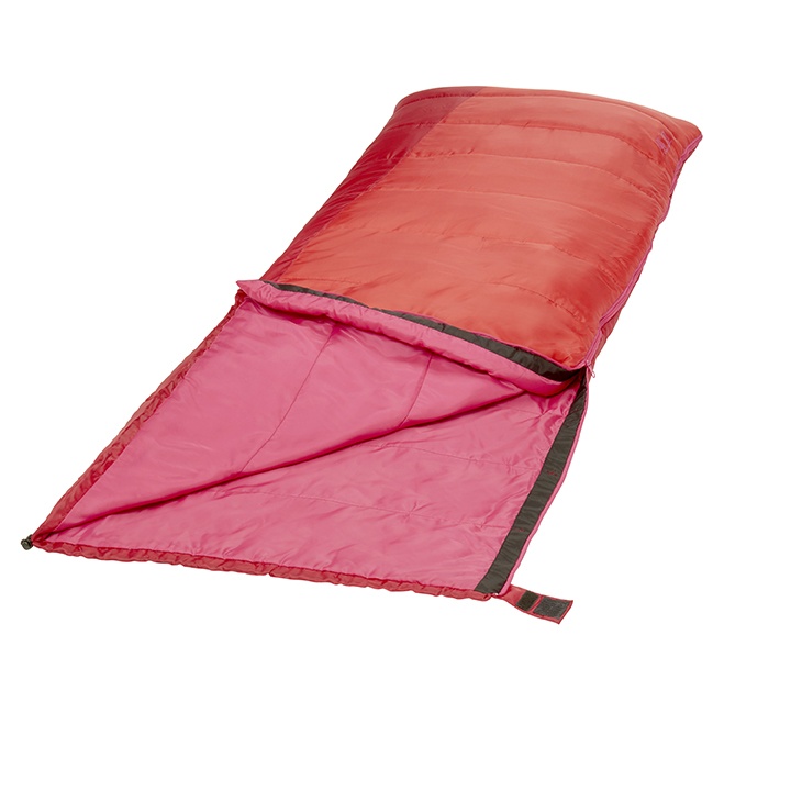 View from head of SJK Kit 40 Degree Sleeping Bag. Shown unzipped a quarter of the way and folded back, exposing the pink interior.