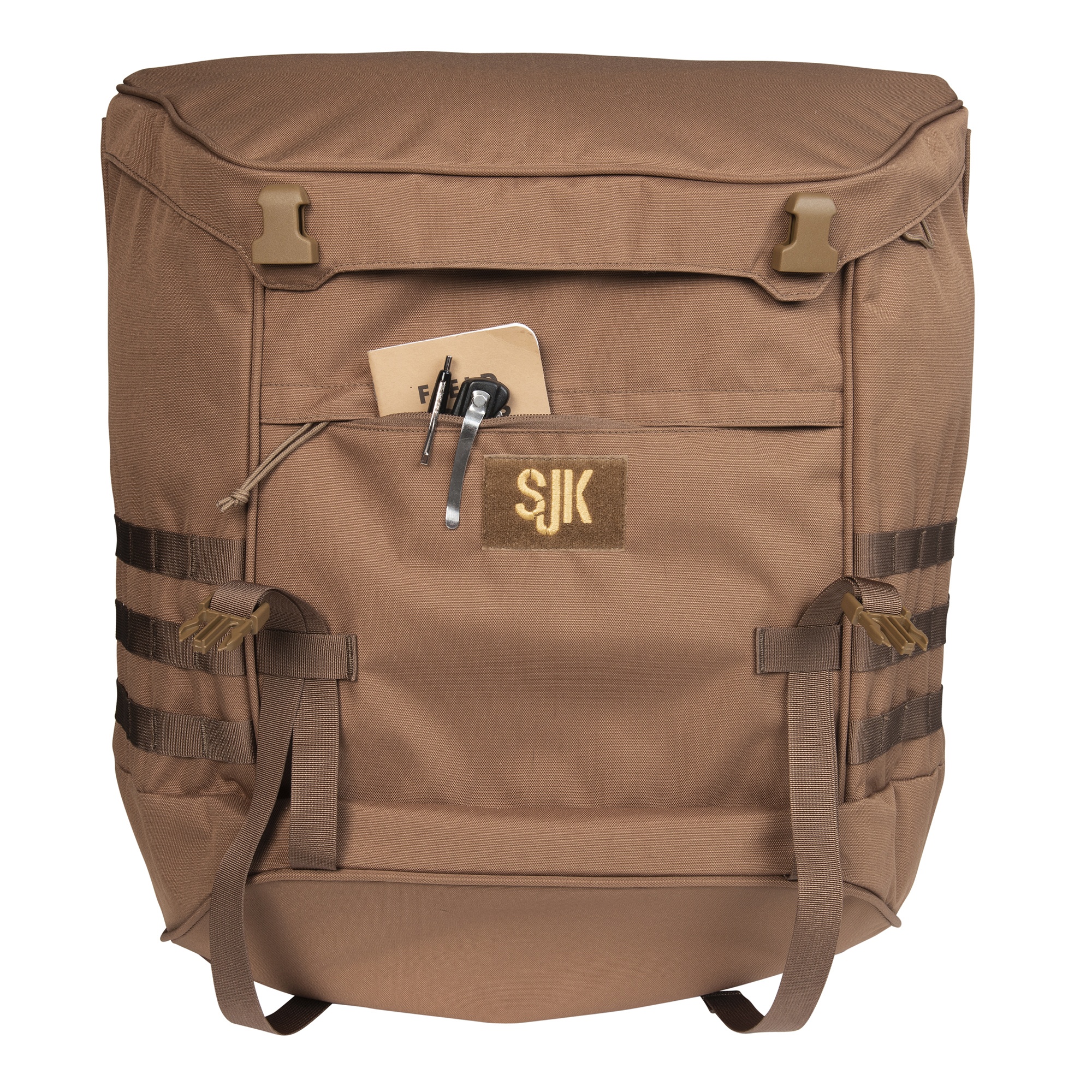 SJK Overland Utility Bin, Coyote Brown, front view, with notebook and pens partially extending from front pocket