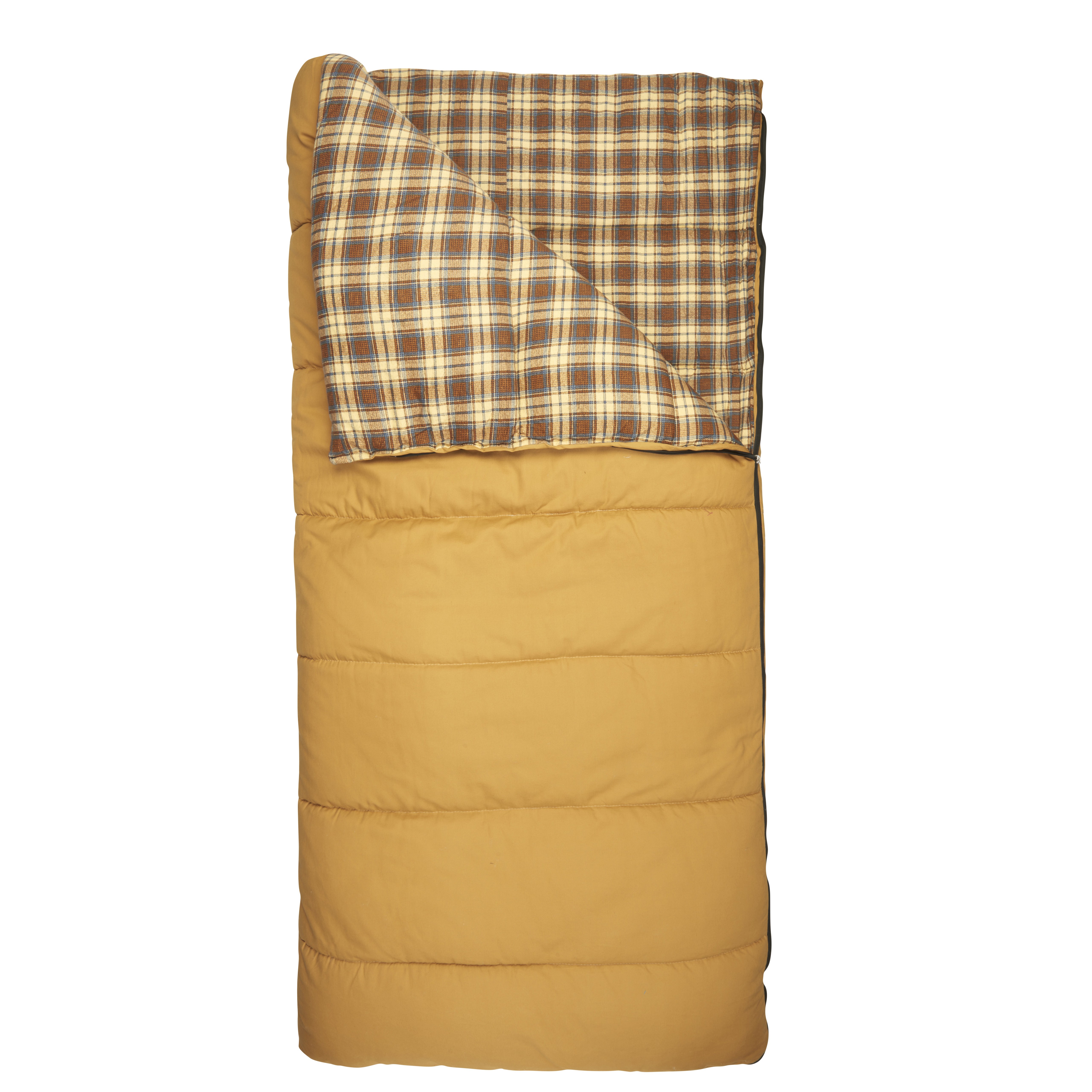 SJK North Fork 10/20 sleeping bag, tan, shown partially unzipped