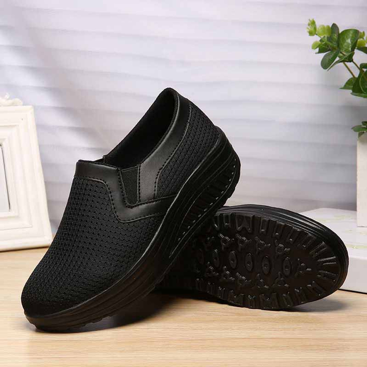 Black plain slip on rocker bottom shoe sneaker | Womens rocker shoes ...