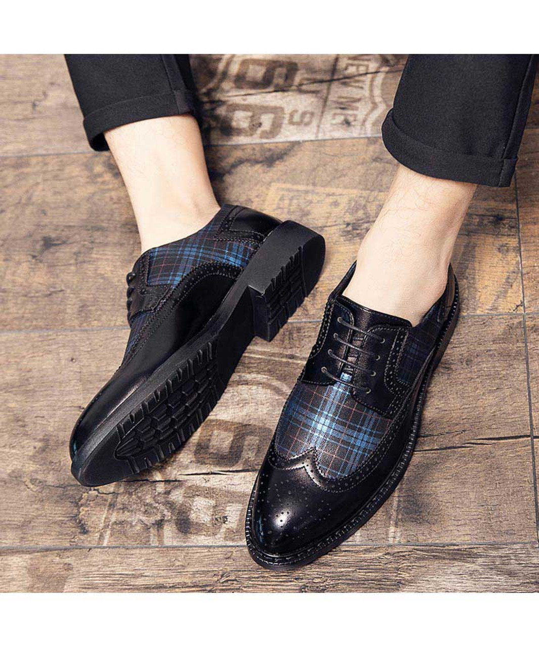 Black blue check pattern brogue derby dress shoe | Mens dress shoes ...
