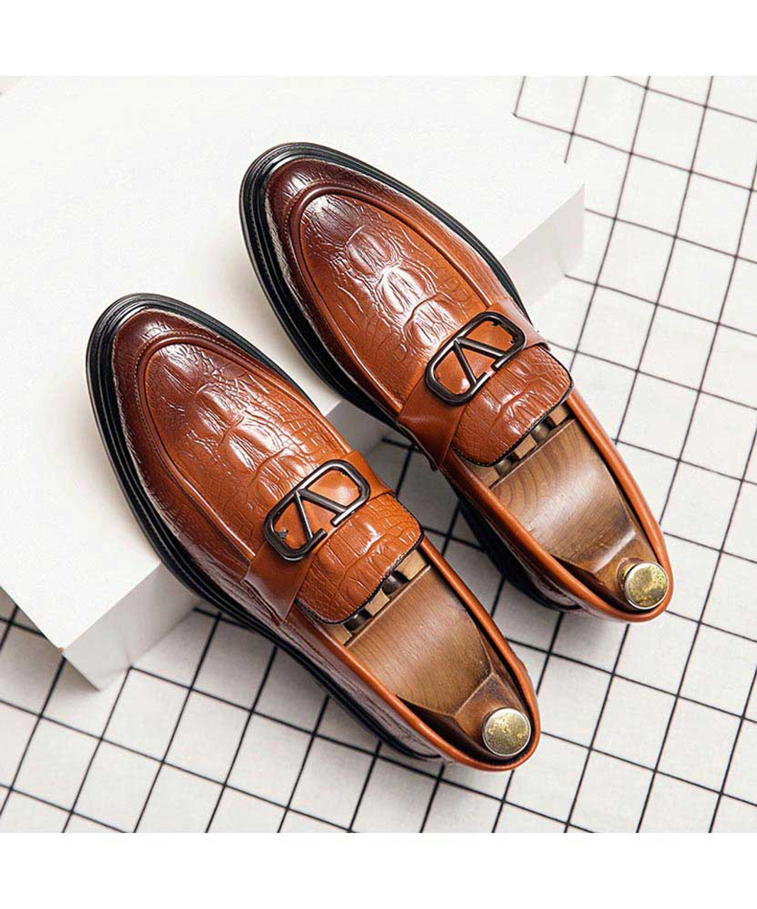 Brown croc skin pattern buckle penny slip on dress shoe | Mens dress ...