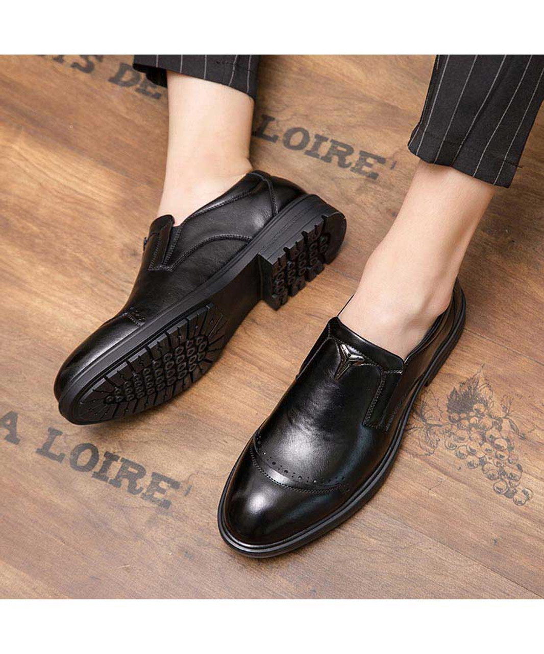 Black metal ornament brogue slip on dress shoe | Mens dress shoes ...