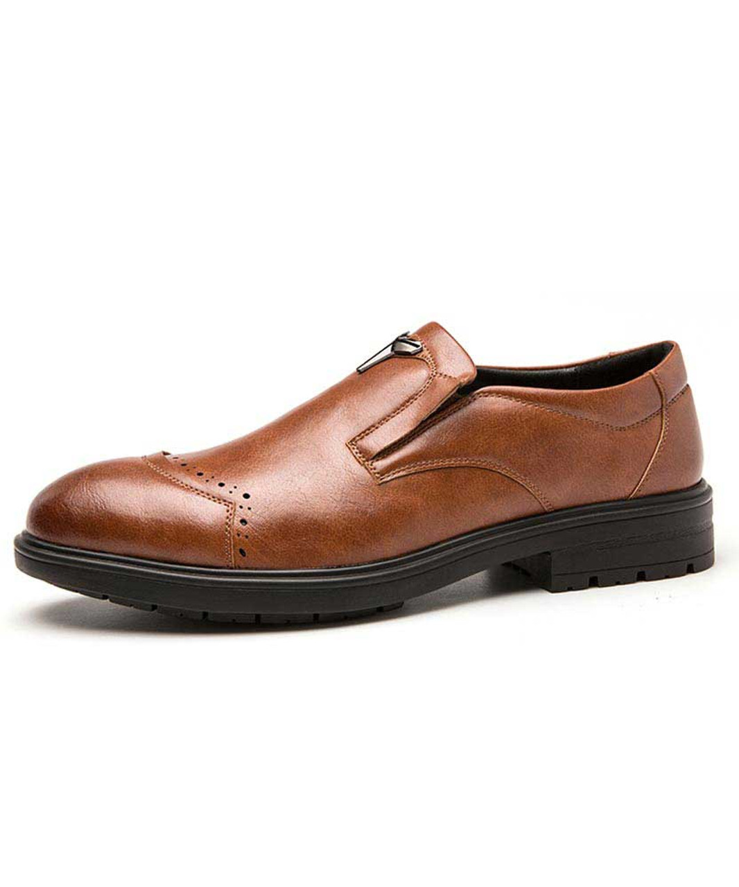 Brown metal ornament brogue slip on dress shoe | Mens dress shoes ...