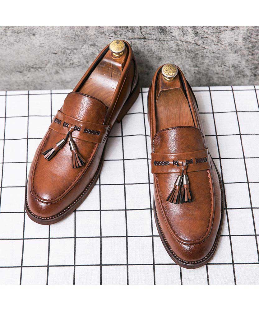 Brown tassel on penny strap slip on dress shoe Mens dress shoes