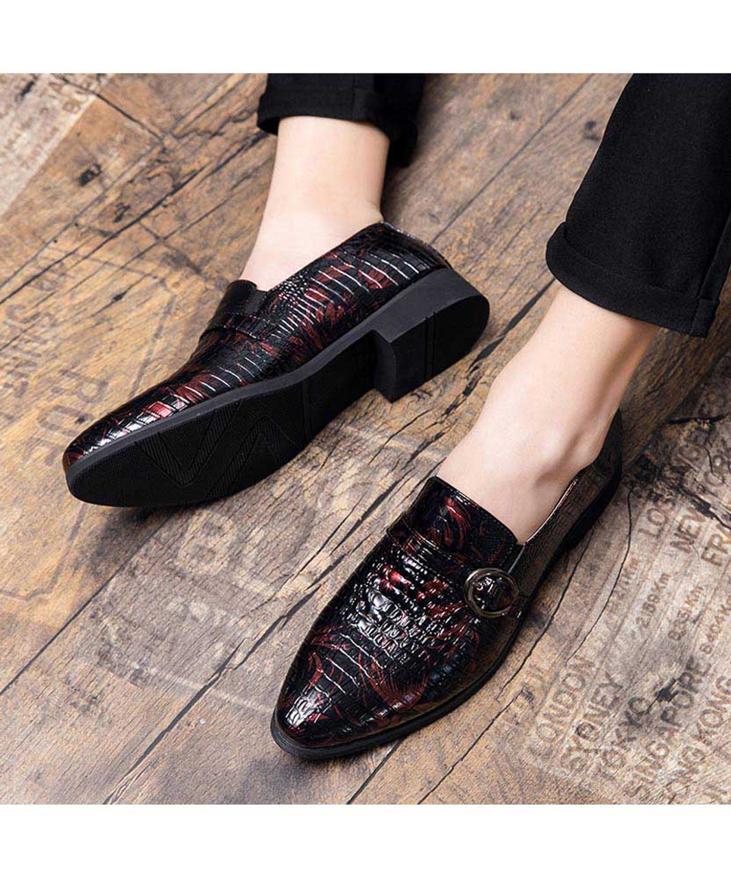 Red croc skin pattern buckle strap slip on dress shoe | Mens dress ...