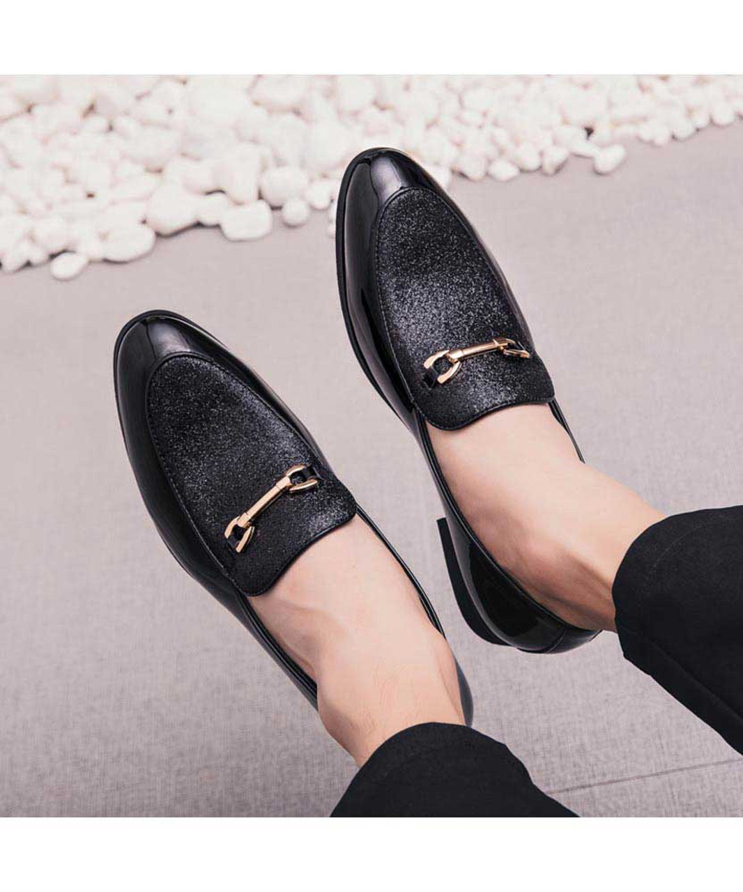 Black patterned buckle on top slip on dress shoe | Mens dress shoes ...