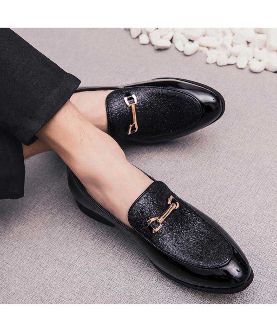 Black patterned buckle on top slip on dress shoe | Mens dress shoes ...