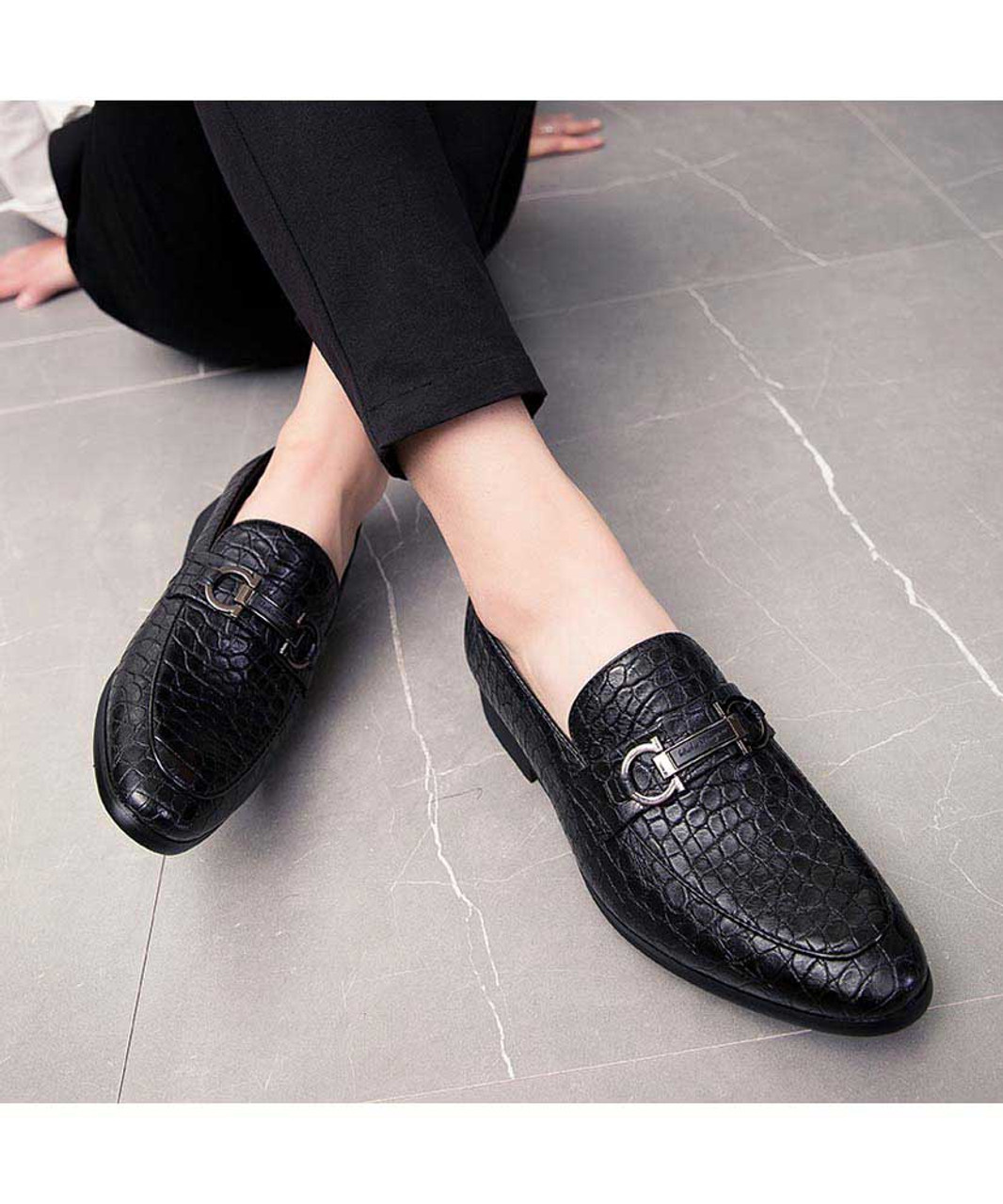 Black retro croco pattern buckle slip on dress shoe | Mens dress shoes ...