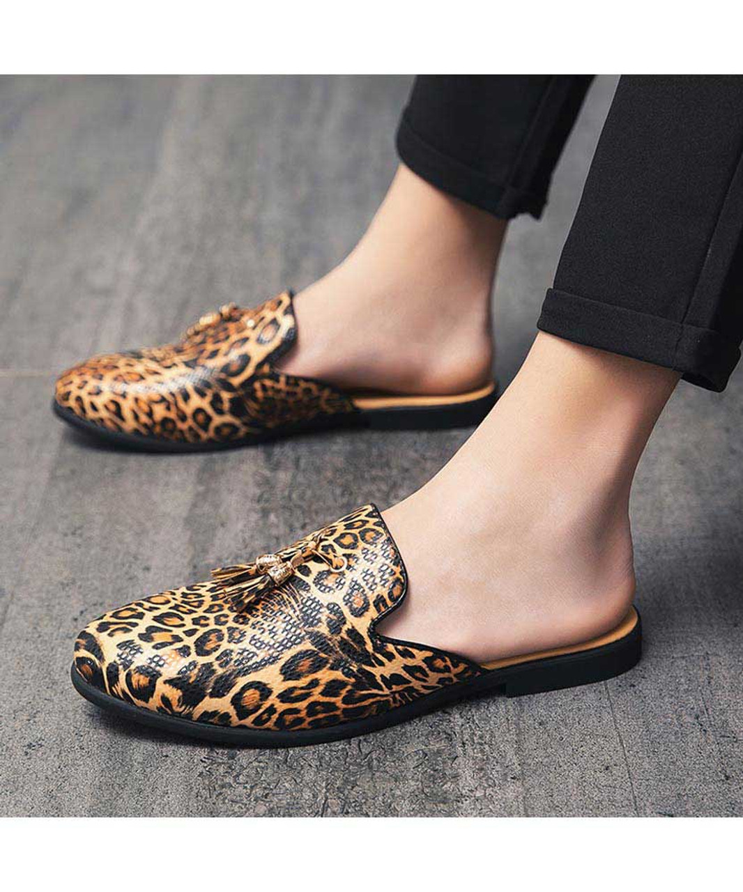 Leopard pattern print tassel slip on half shoe loafer | Mens shoe ...