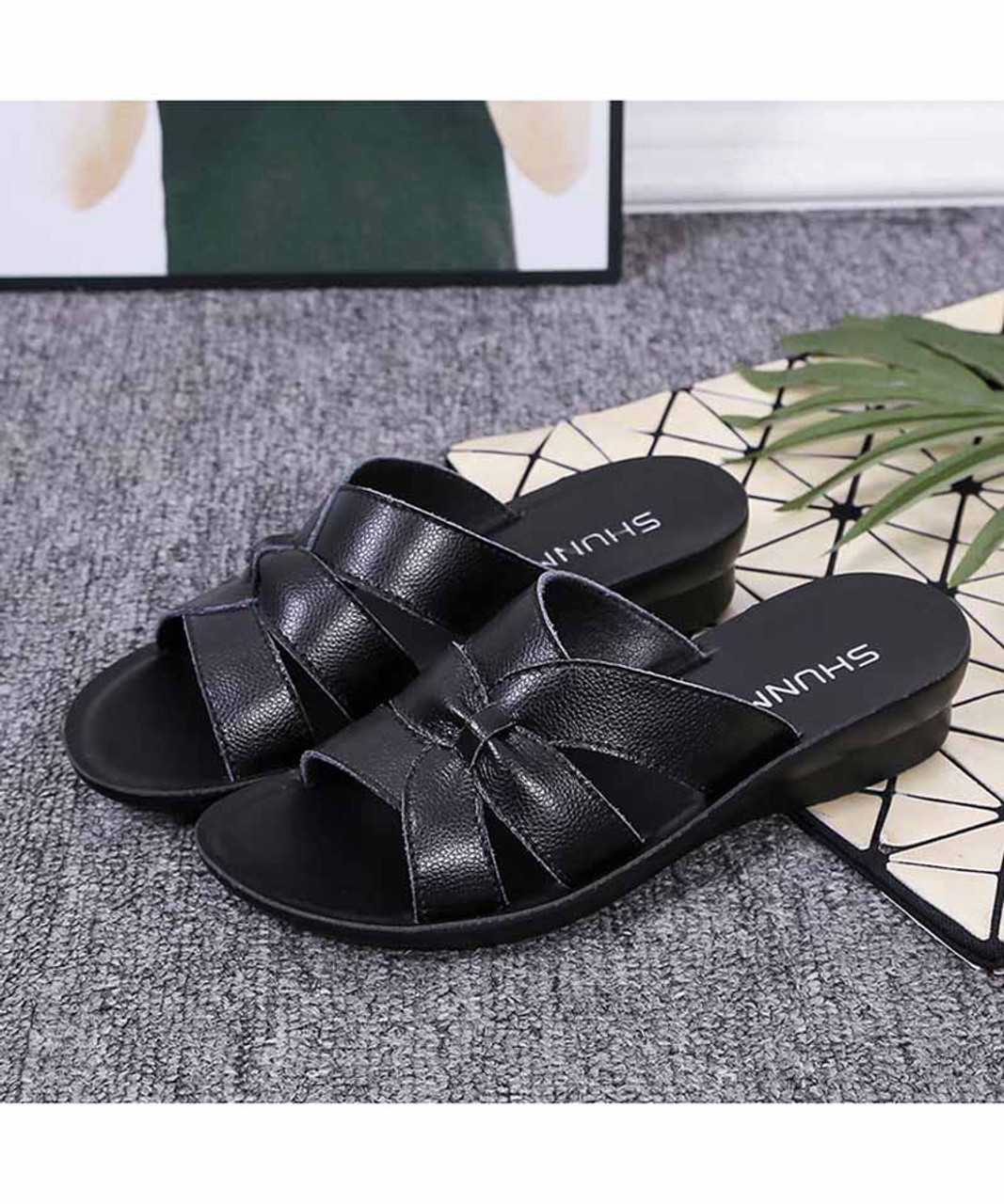 Black cross strap vamp slip on mule shoe sandal | Womens sandals online ...