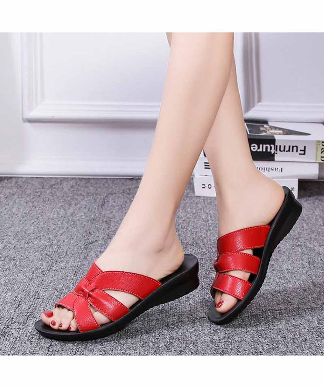 Red cross strap vamp slip on mule shoe sandal | Womens sandals online ...