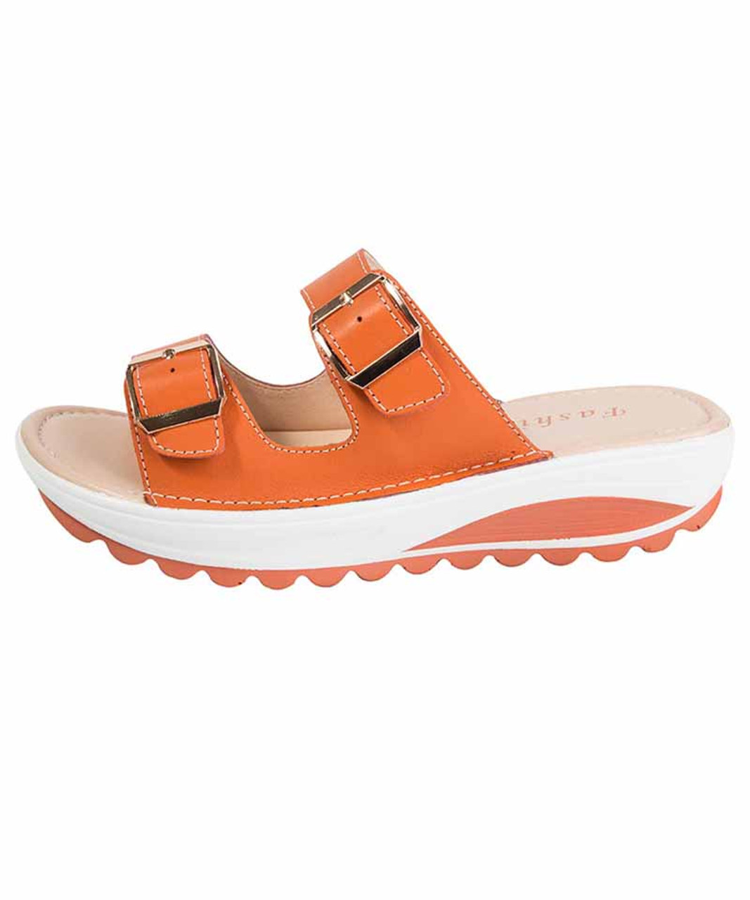 Orange double buckle strap vamp slip on mule shoe sandal | Womens ...