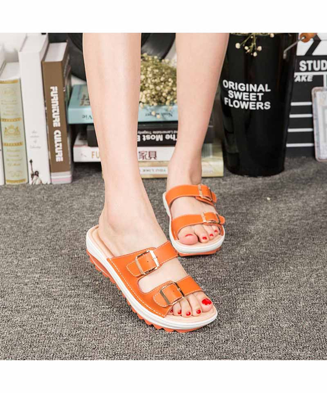 Orange double buckle strap vamp slip on mule shoe sandal | Womens ...