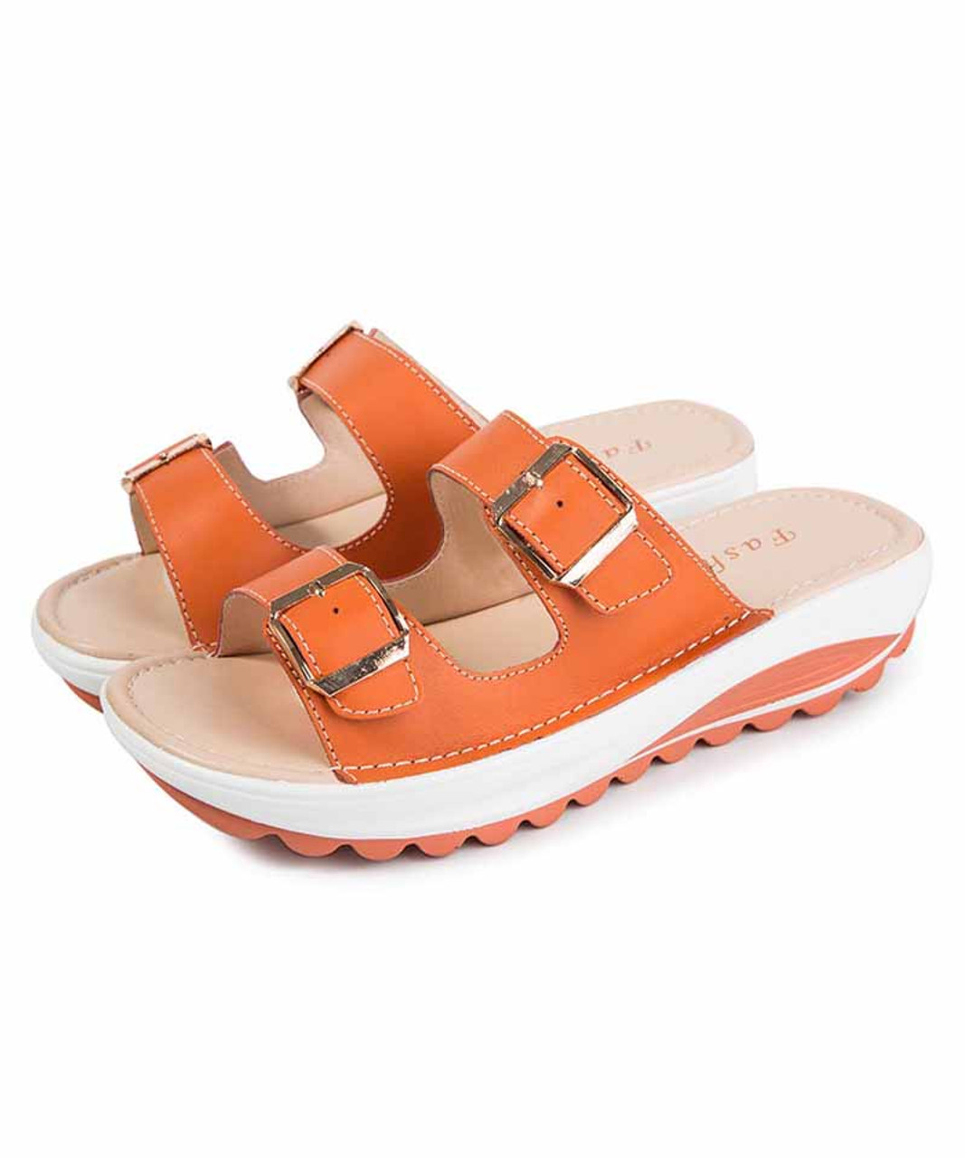Orange double buckle strap vamp slip on mule shoe sandal | Womens ...
